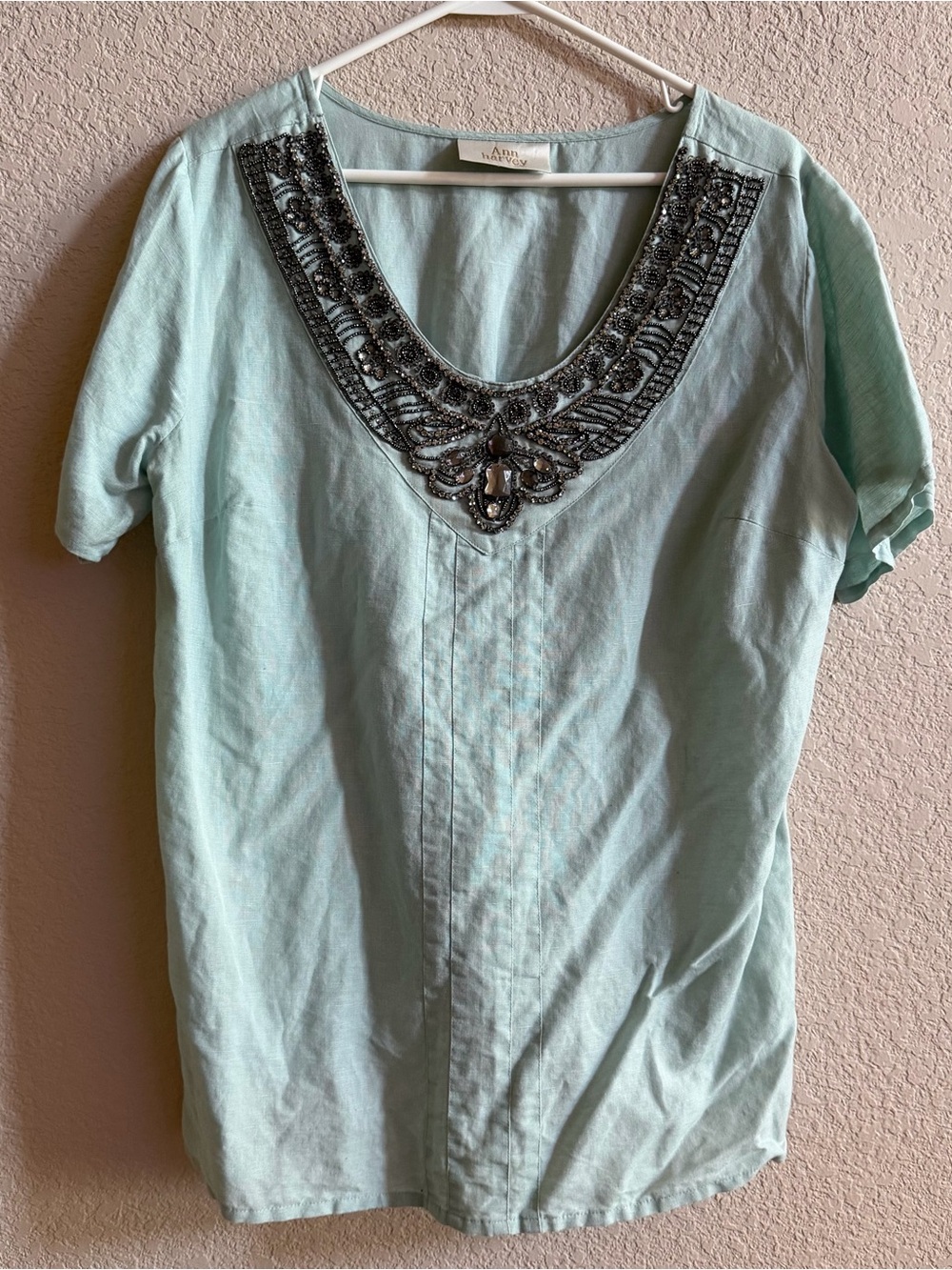 Ann Harvey Mint Blue Women’s Size 16 Linen Blouse Beaded Coastal Quiet Luxury